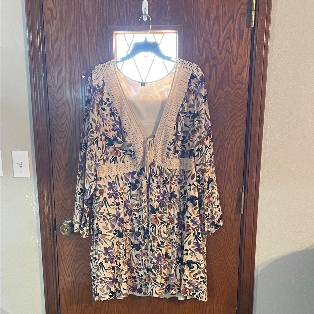 torrid Cream Floral Dress with Purple and Green Accents